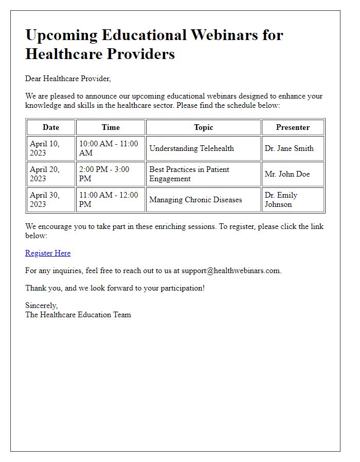 Letter template of schedule for upcoming educational webinars for healthcare providers