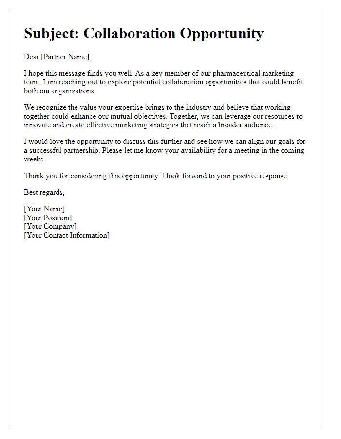 Letter template of engaging with partners from the pharmaceutical marketing team.