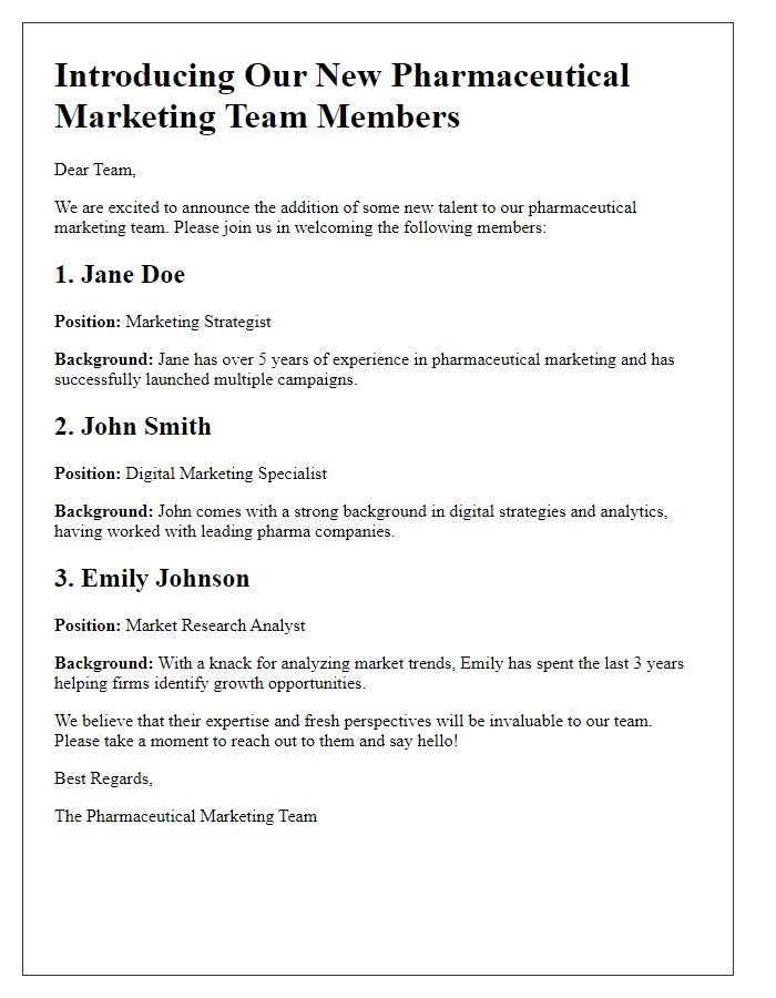 Letter template of introducing the new members of the pharmaceutical marketing team.