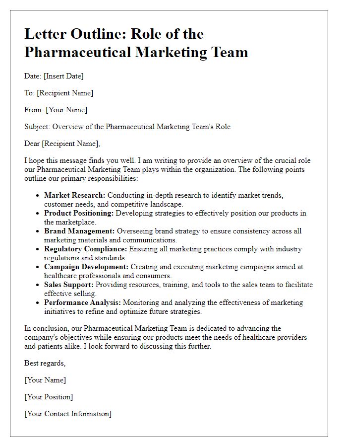 Letter template of outlining the role of the pharmaceutical marketing team.