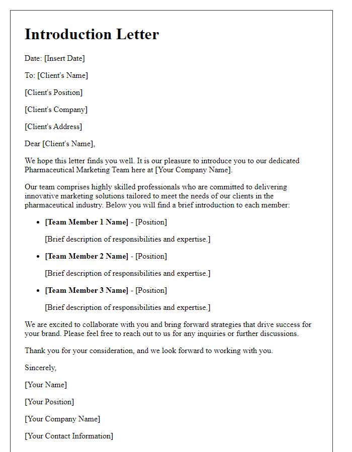 Letter template of presenting the pharmaceutical marketing team to clients.