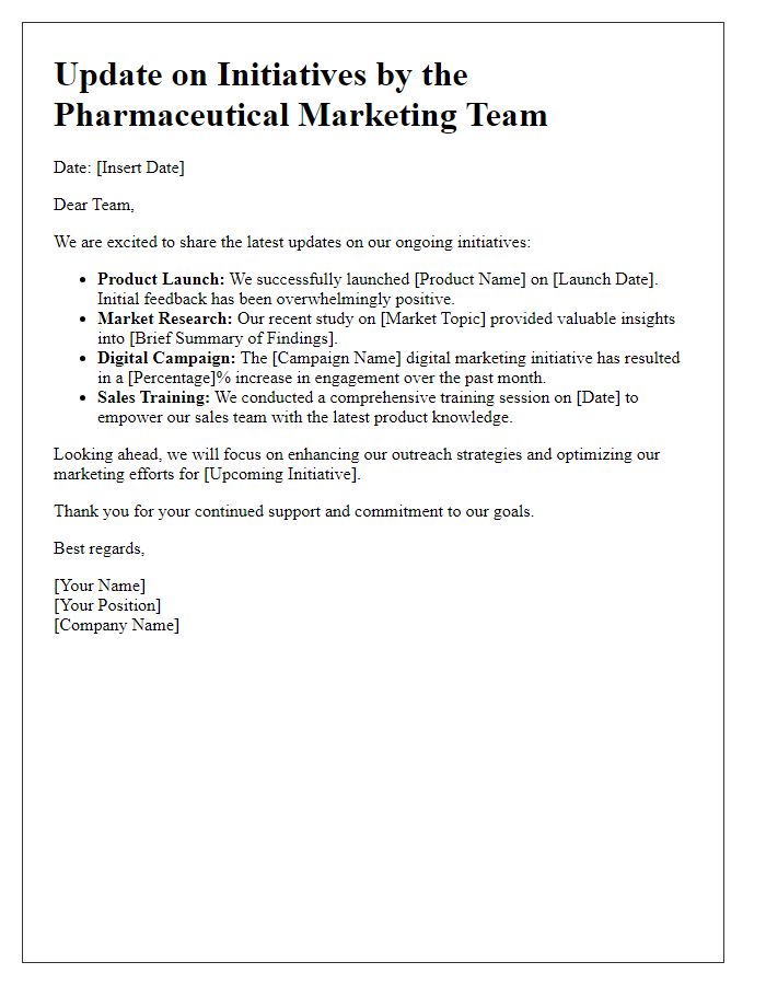 Letter template of updating on initiatives by the pharmaceutical marketing team.