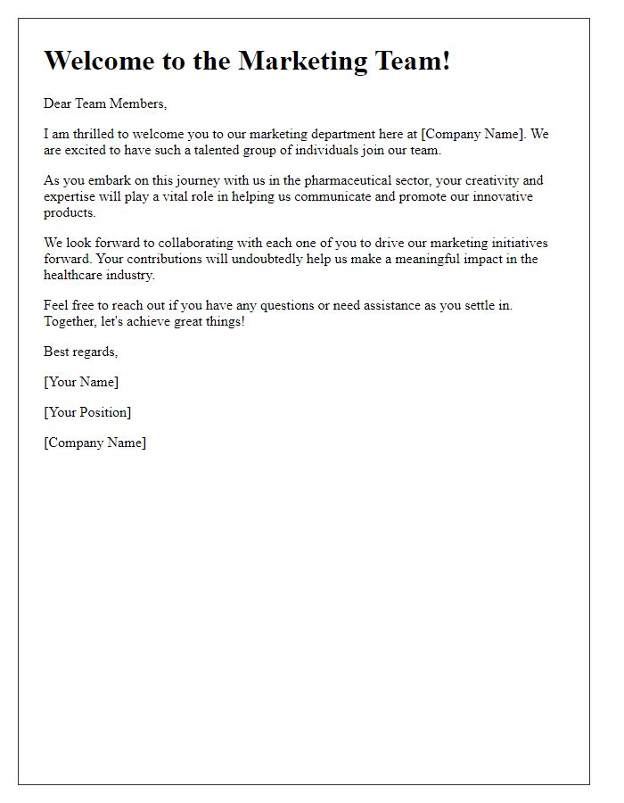 Letter template of welcoming the marketing team in the pharmaceutical sector.