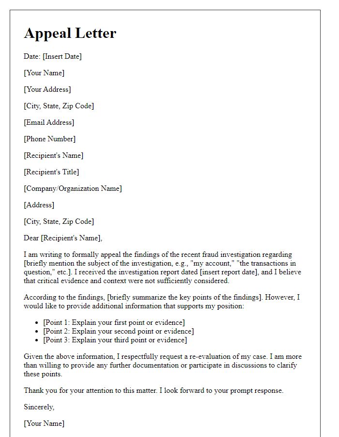 Letter template of appeal related to fraud investigation findings.