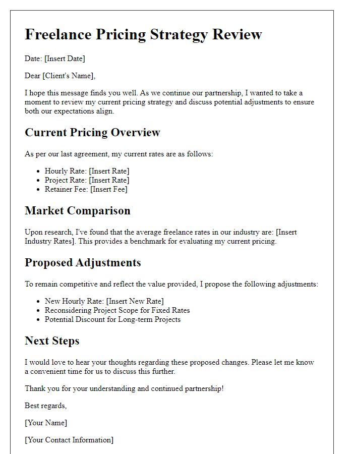 Letter template of freelance pricing strategy review