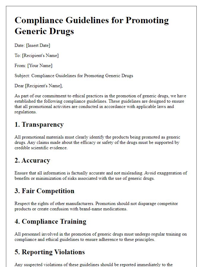 Letter template of compliance guidelines for promoting generic drug