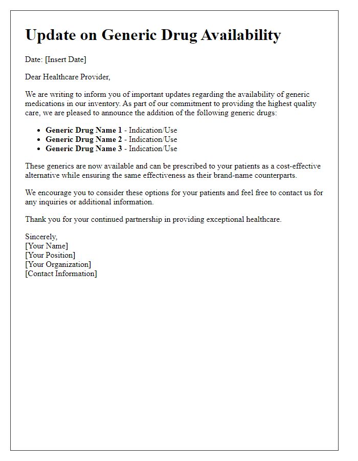 Letter template of healthcare provider update for generic drug availability