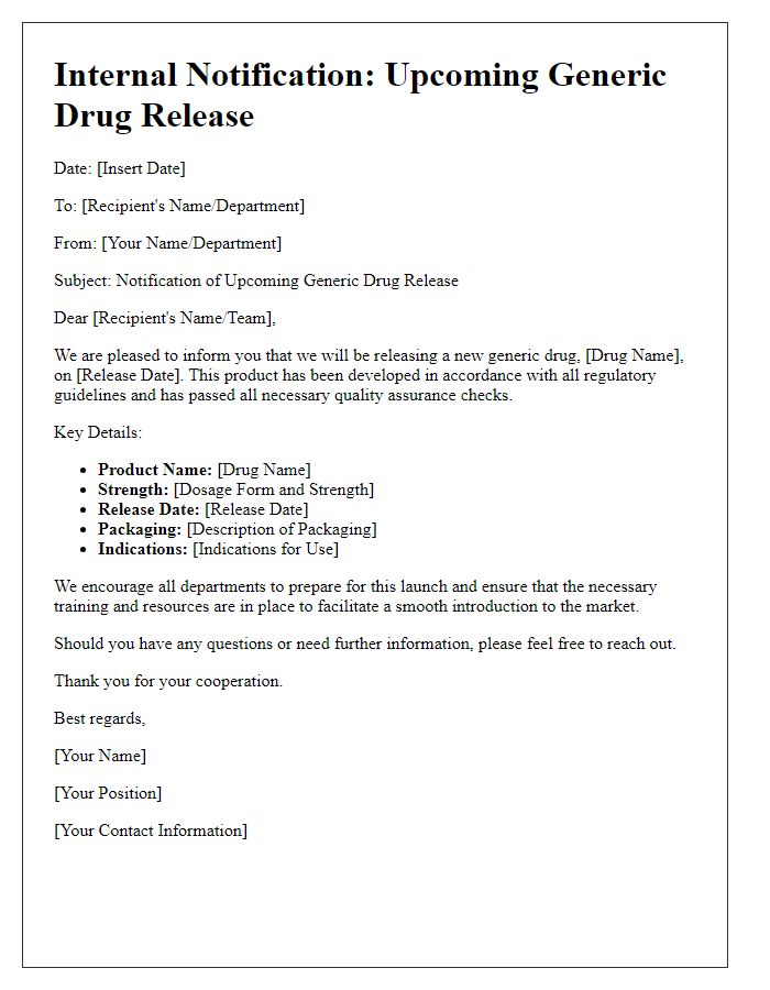 Letter template of internal notification for upcoming generic drug release