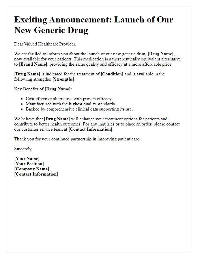 Letter template of promotional announcement for new generic drug launch