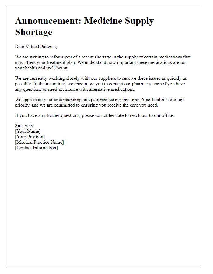 Letter template of medicine supply shortage announcement for patients.