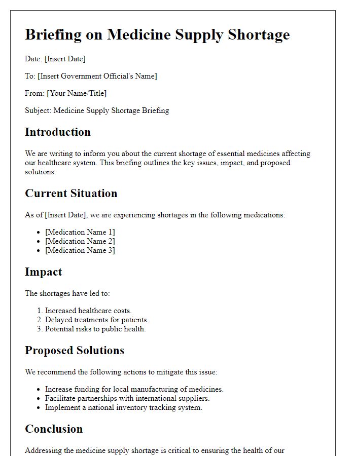 Letter template of medicine supply shortage briefing for government officials.