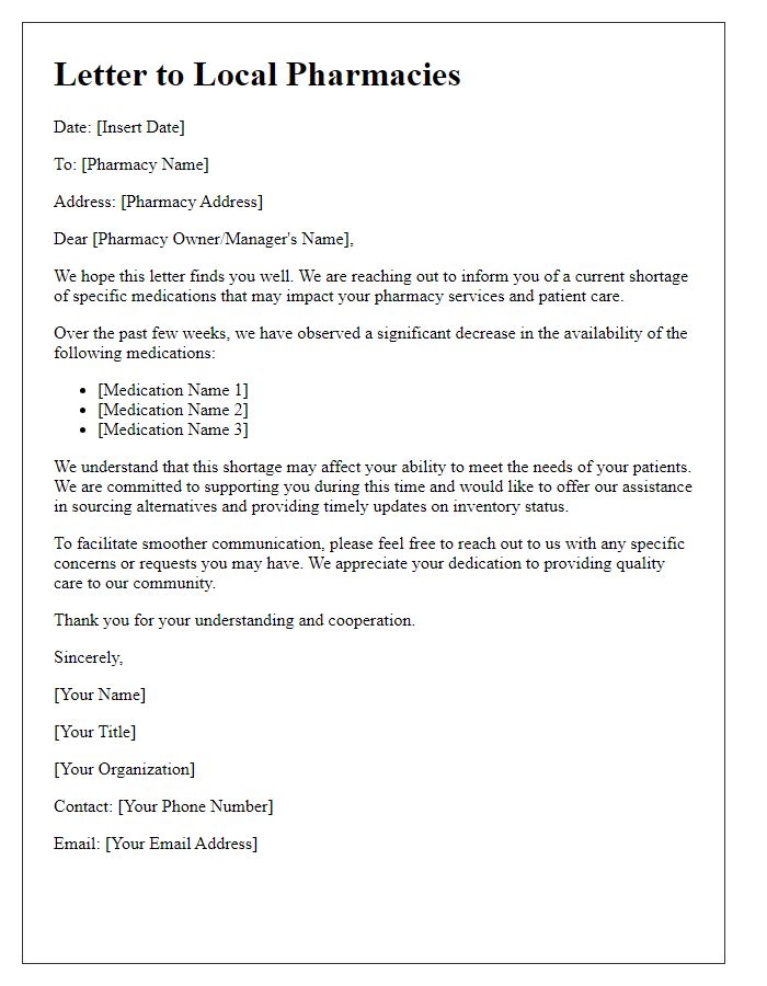 Letter template of medicine supply shortage outreach for local pharmacies.