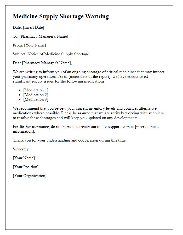 Letter template of medicine supply shortage warning for pharmacy managers.