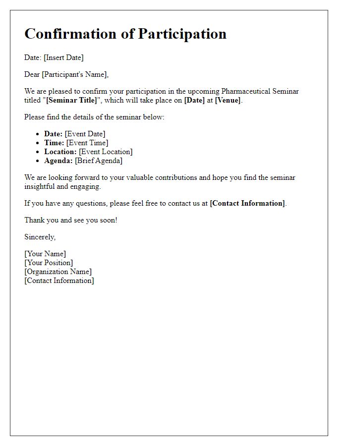 Letter template of Confirmation for Pharmaceutical Seminar Participation