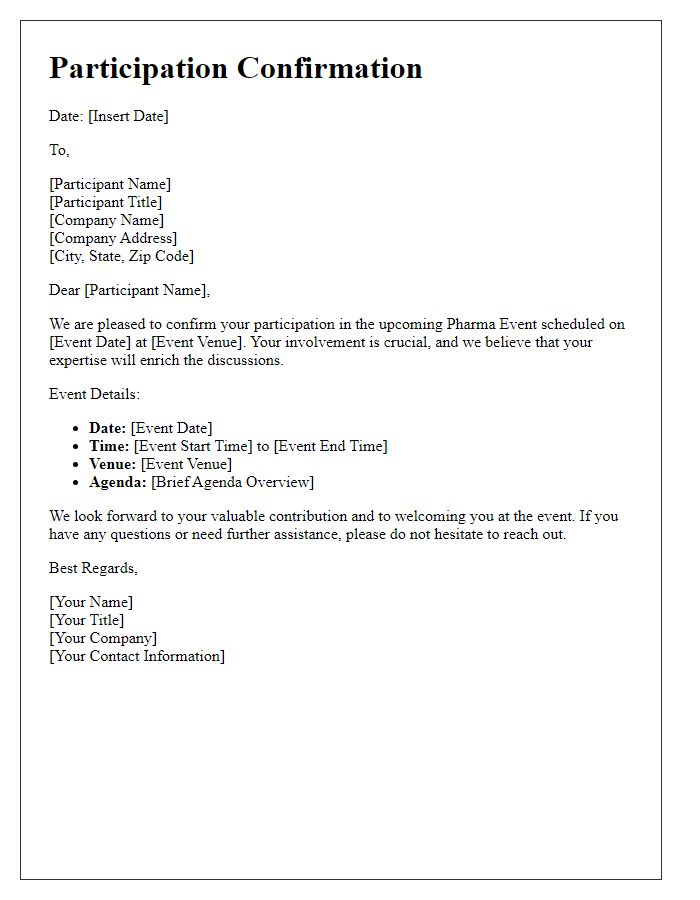 Letter template of Participation Confirmation for Pharma Event