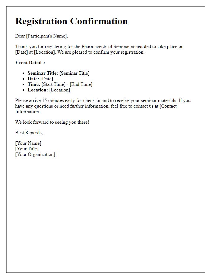 Letter template of Registration Confirmation for Pharmaceutical Seminar