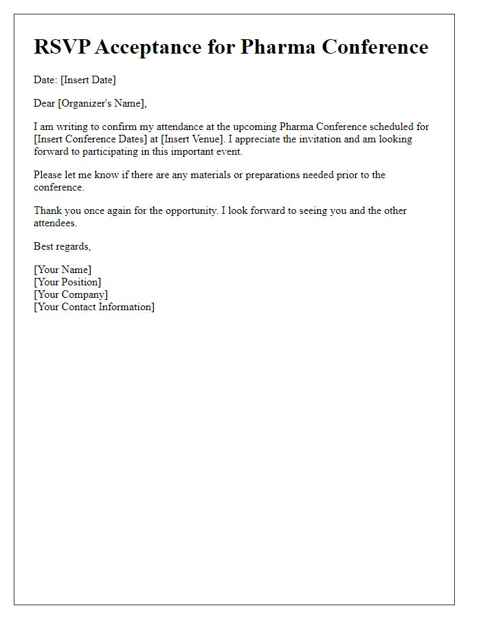 Letter template of RSVP Acceptance for Pharma Conference