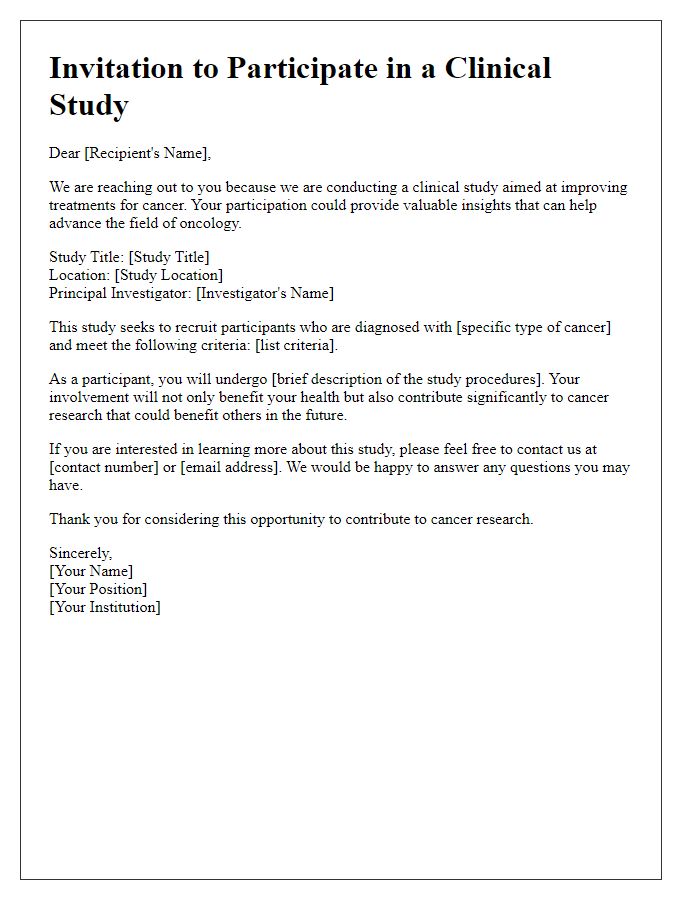 Letter template of clinical study recruitment for cancer research participants.