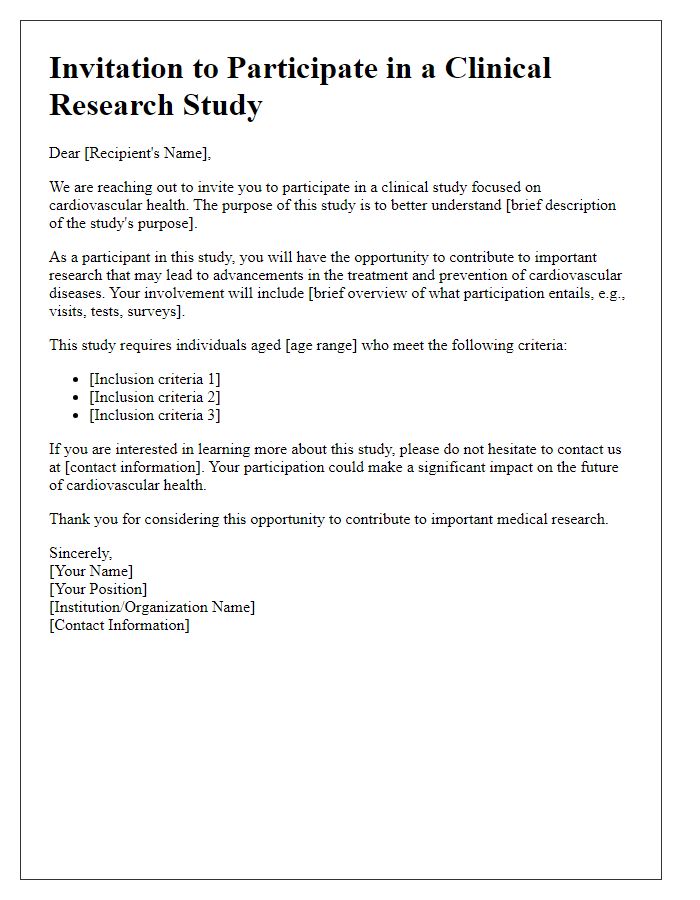 Letter template of clinical study recruitment for cardiovascular trial volunteers.