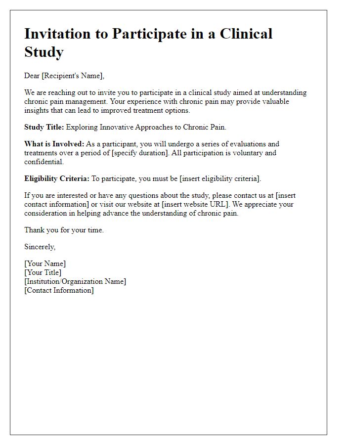 Letter template of clinical study recruitment for chronic pain participants.