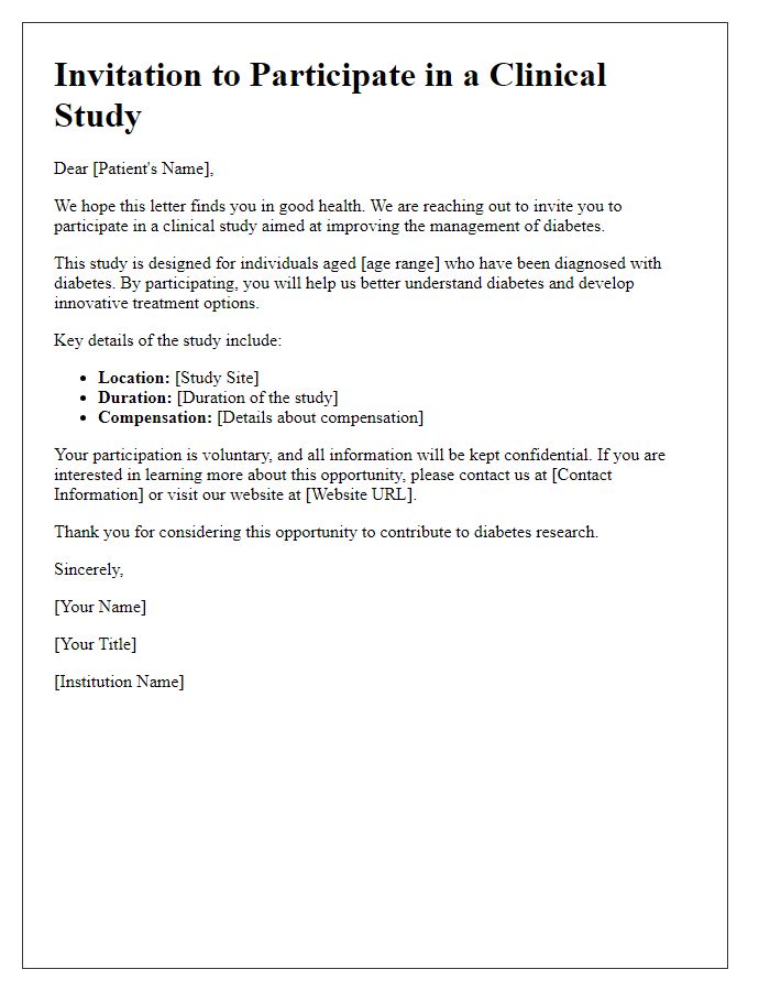 Letter template of clinical study recruitment for diabetes patients.