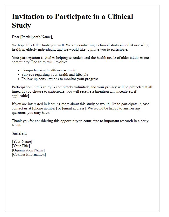 Letter template of clinical study recruitment for elderly health assessment.