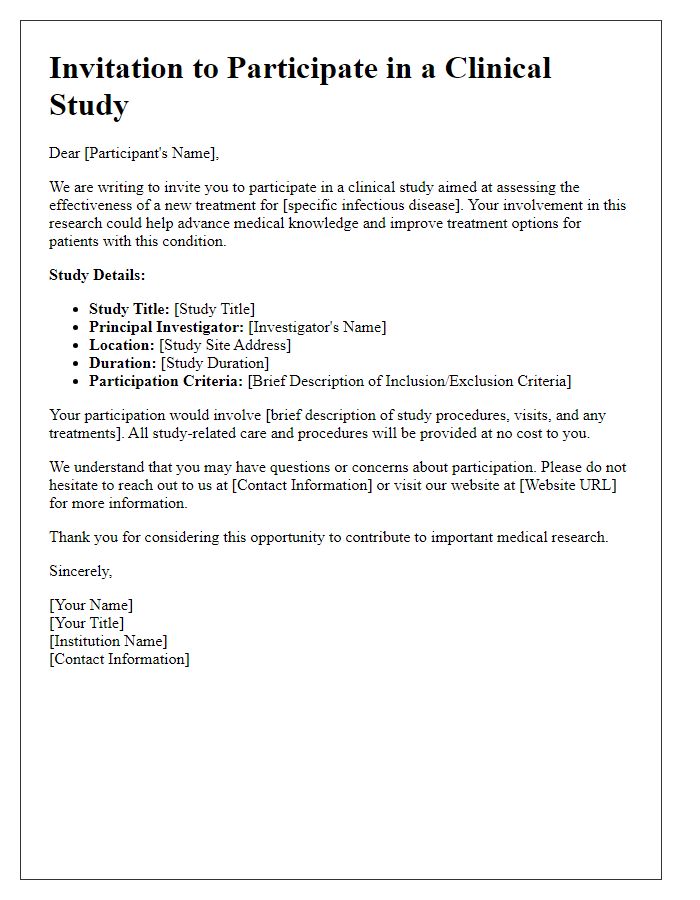 Letter template of clinical study recruitment for infectious disease trial subjects.