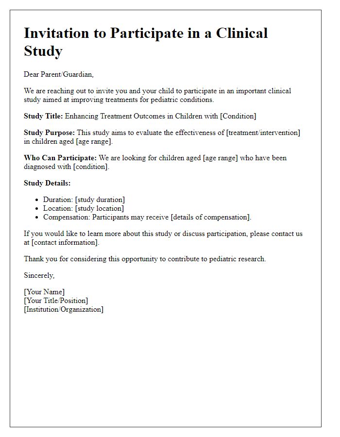 Letter template of clinical study recruitment for pediatric study candidates.