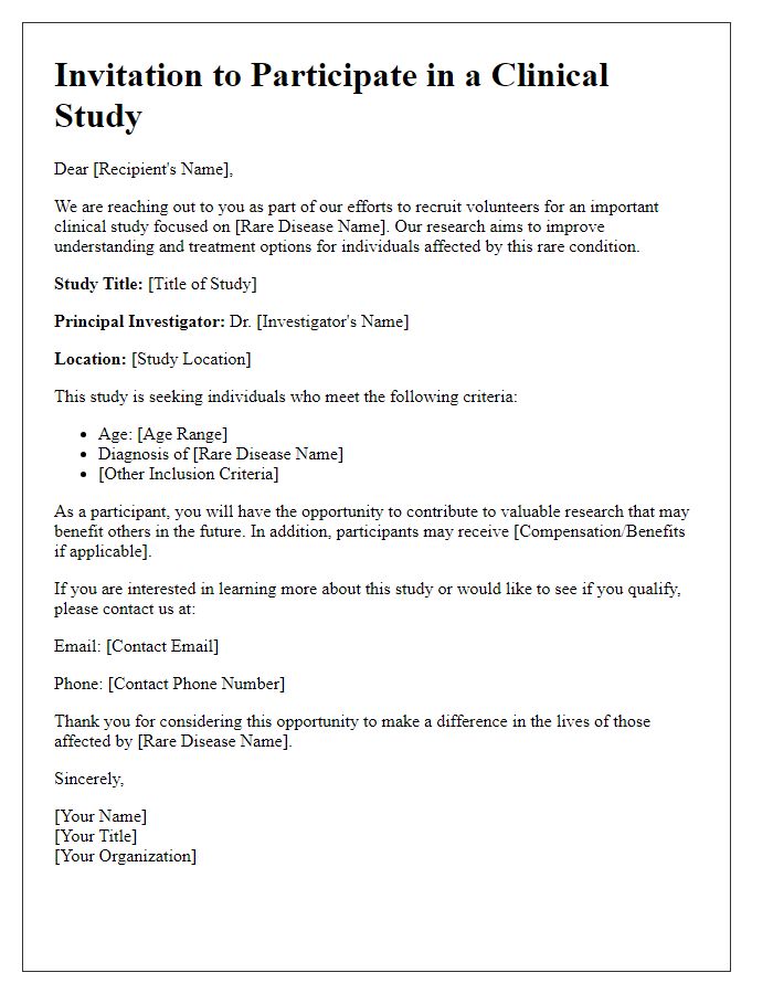 Letter template of clinical study recruitment for rare disease volunteers.