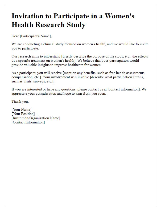 Letter template of clinical study recruitment for womens health research.