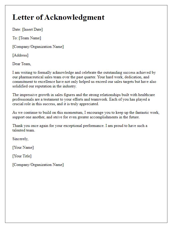 Letter template of acknowledgment for the success of the pharmaceutical sales team.