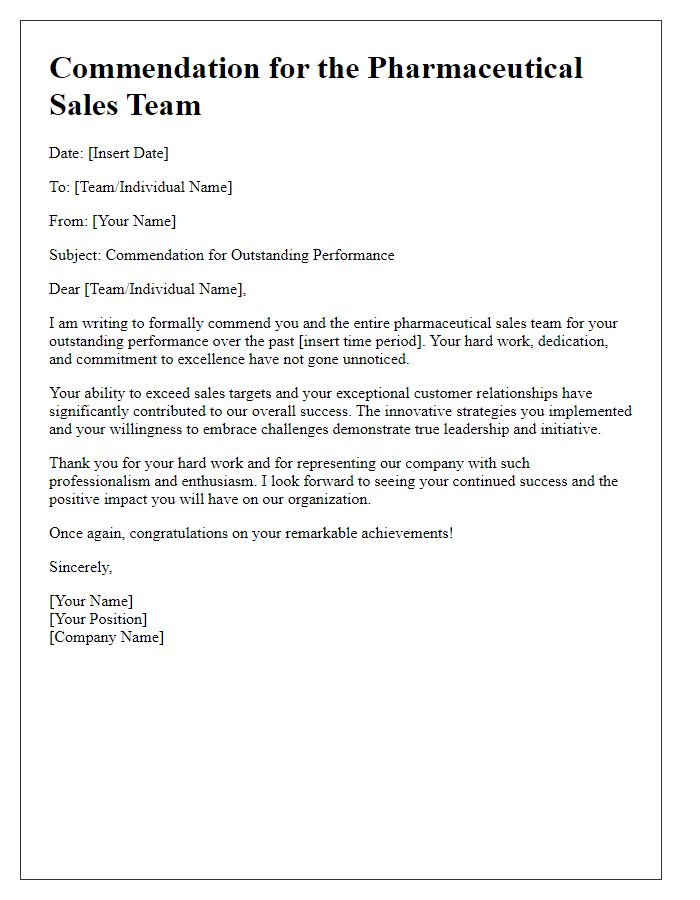 Letter template of commendation for the performance of the pharmaceutical sales team.