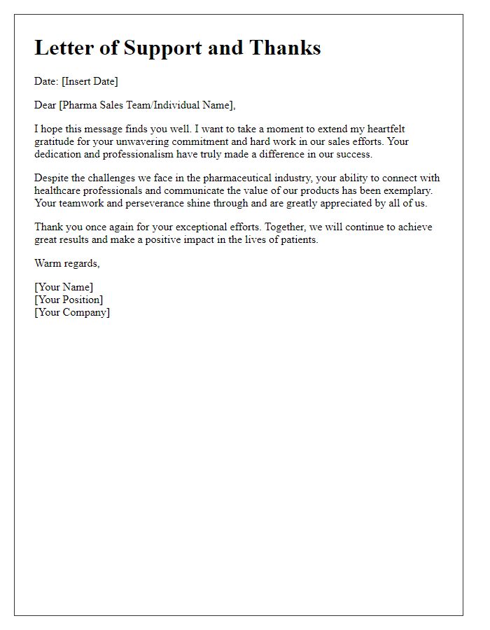 Letter template of support and thanks for the pharma sales team's commitment.