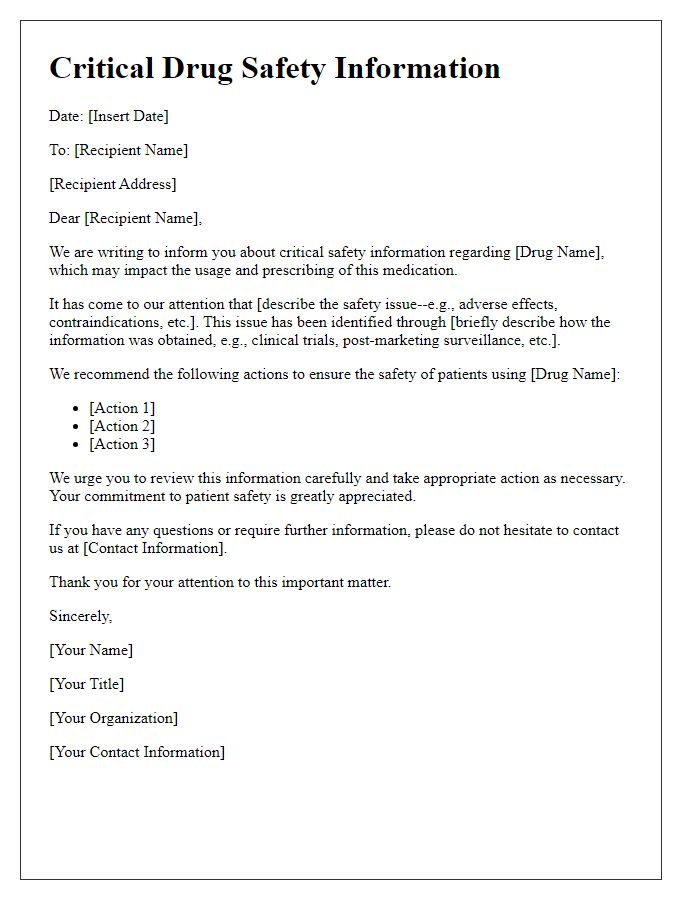 Letter template of critical drug safety information