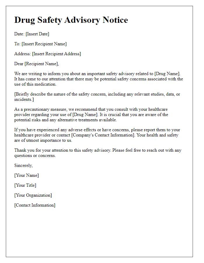 Letter template of drug safety advisory notice