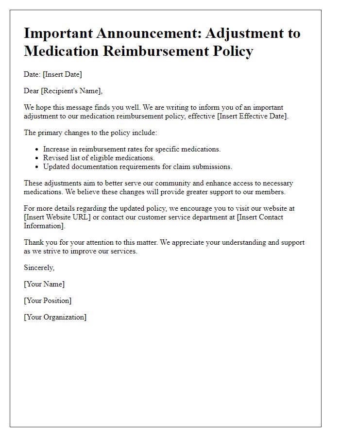 Letter template of medication reimbursement policy adjustment announcement