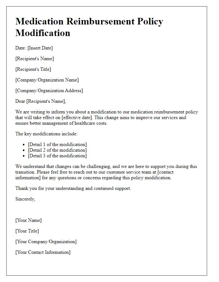 Letter template of medication reimbursement policy modification letter