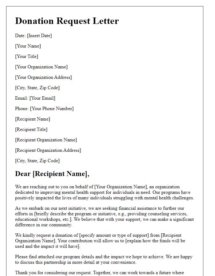 Letter template of pharmaceutical charity donation request for mental health support programs.