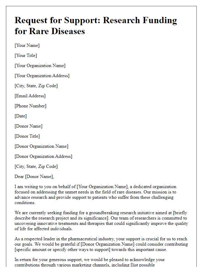 Letter template of pharmaceutical charity donation request for research funding in rare diseases.