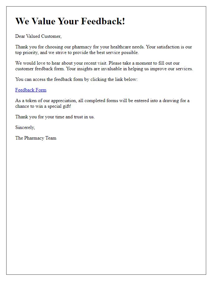 Letter template of pharmacy customer feedback form invitation