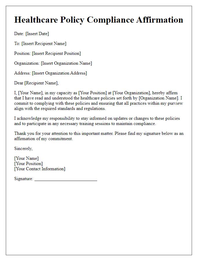 Letter template of healthcare policy compliance affirmation