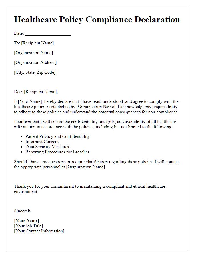 Letter template of healthcare policy compliance declaration