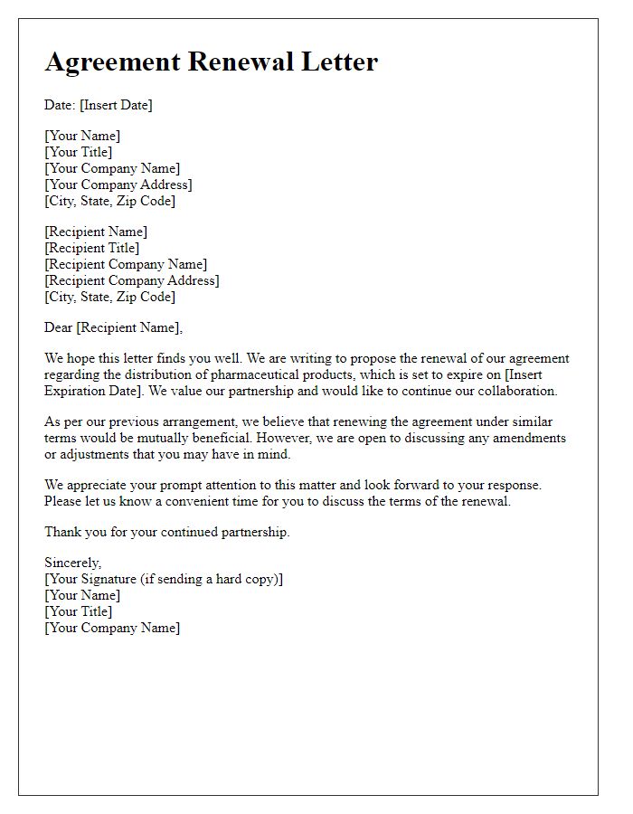 Letter template of agreement renewal for pharmaceutical distribution