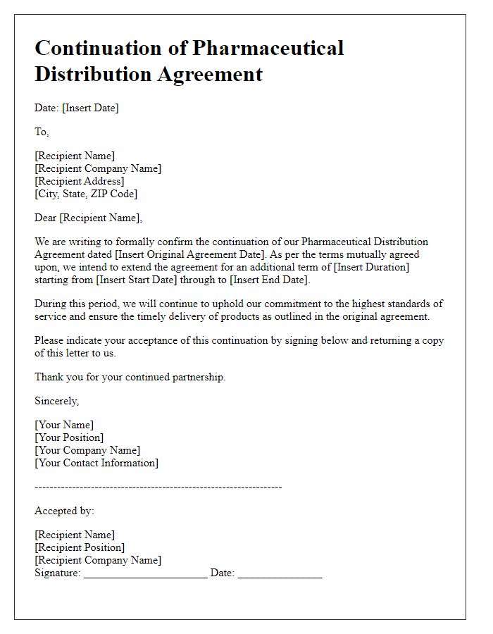 Letter template of continuation for pharmaceutical distribution agreement