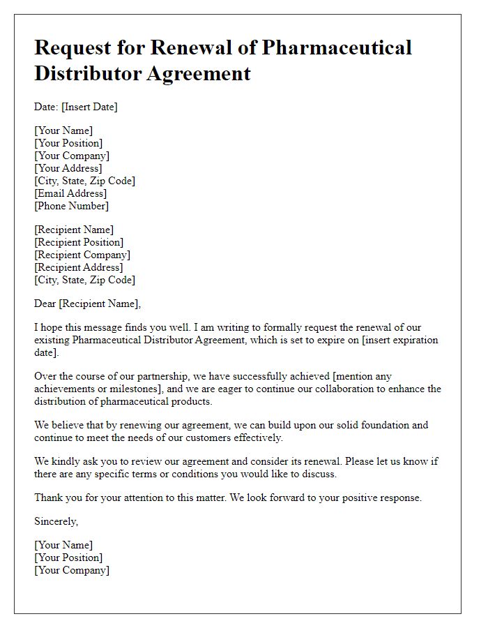 Letter template of pharmaceutical distributor agreement renewal request