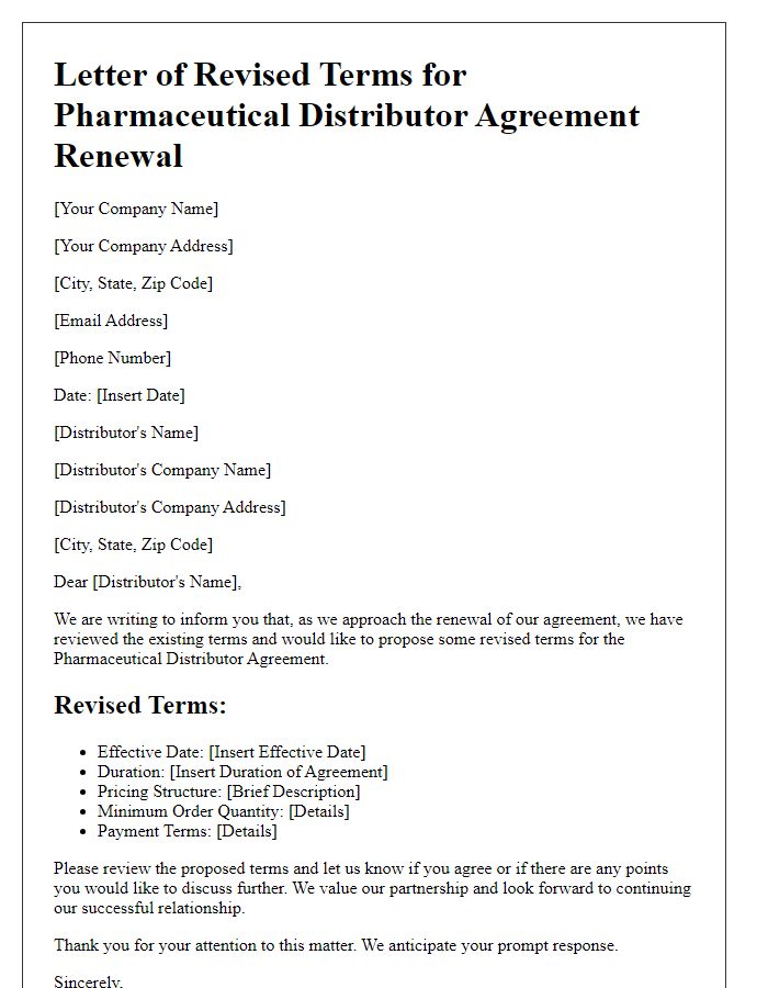 Letter template of revised terms for pharmaceutical distributor agreement renewal