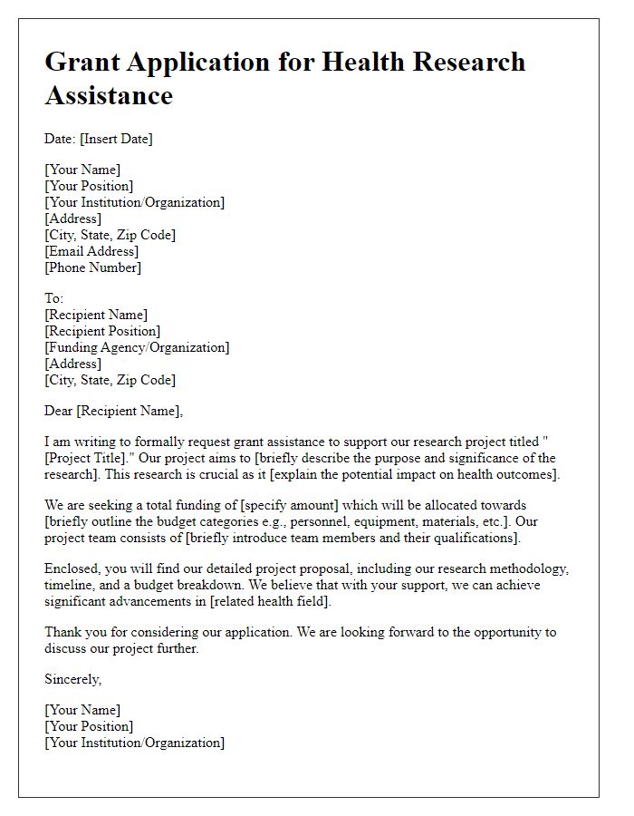 Letter template of application for grant assistance in health research