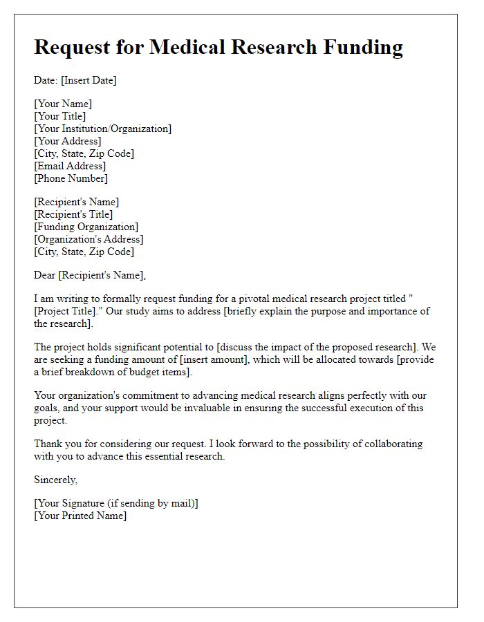 Letter template of formal request for medical research funding