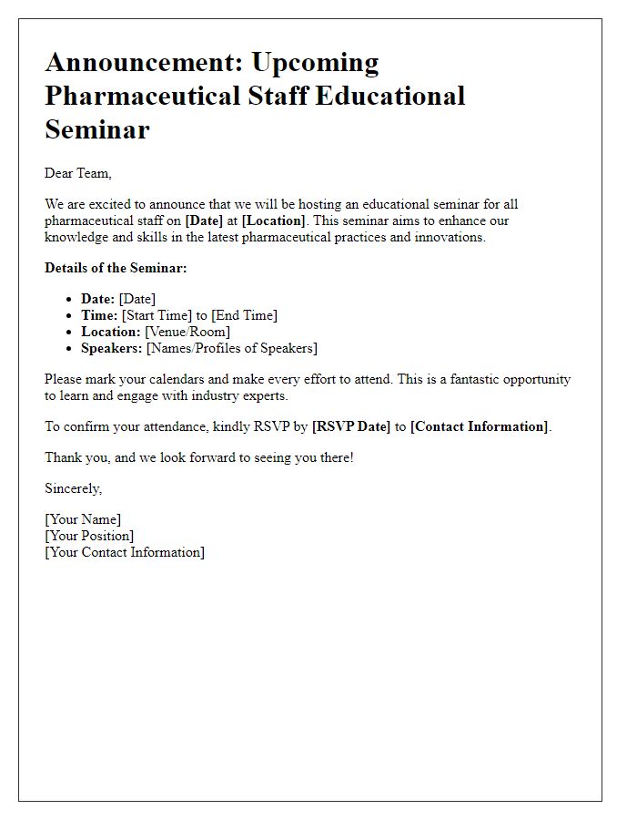 Letter template of announcement for upcoming pharmaceutical staff educational seminar