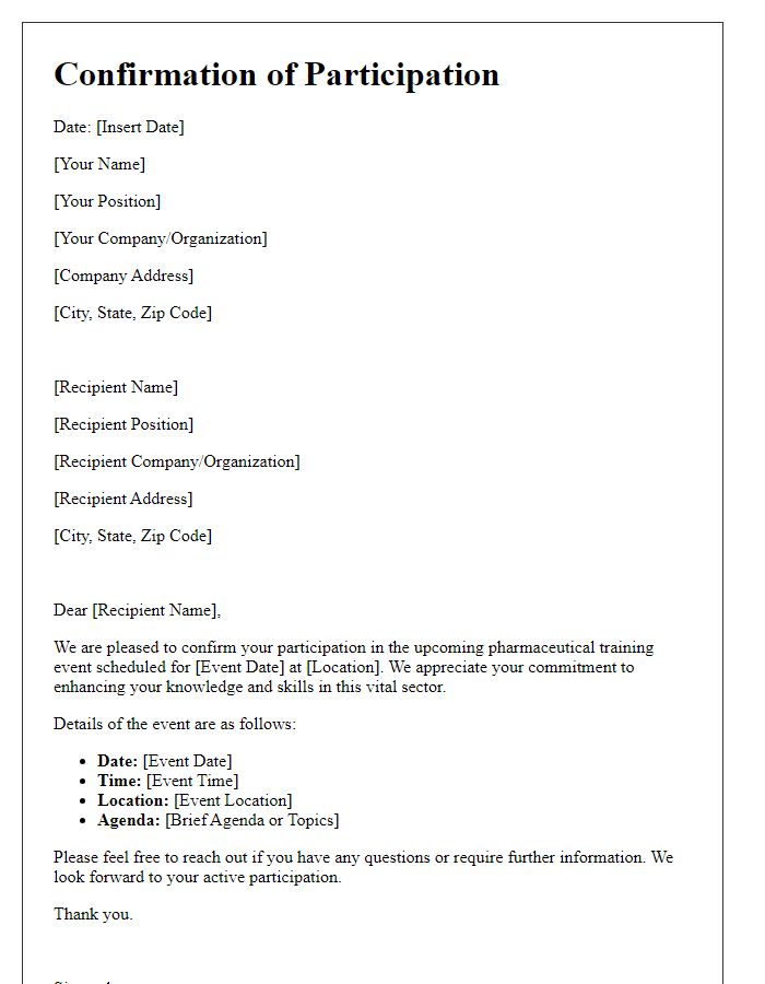 Letter template of confirmation for participation in pharmaceutical training event